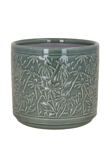 18Cm Diameter Green Rubdeckia Embossed Pot - Gisela Graham